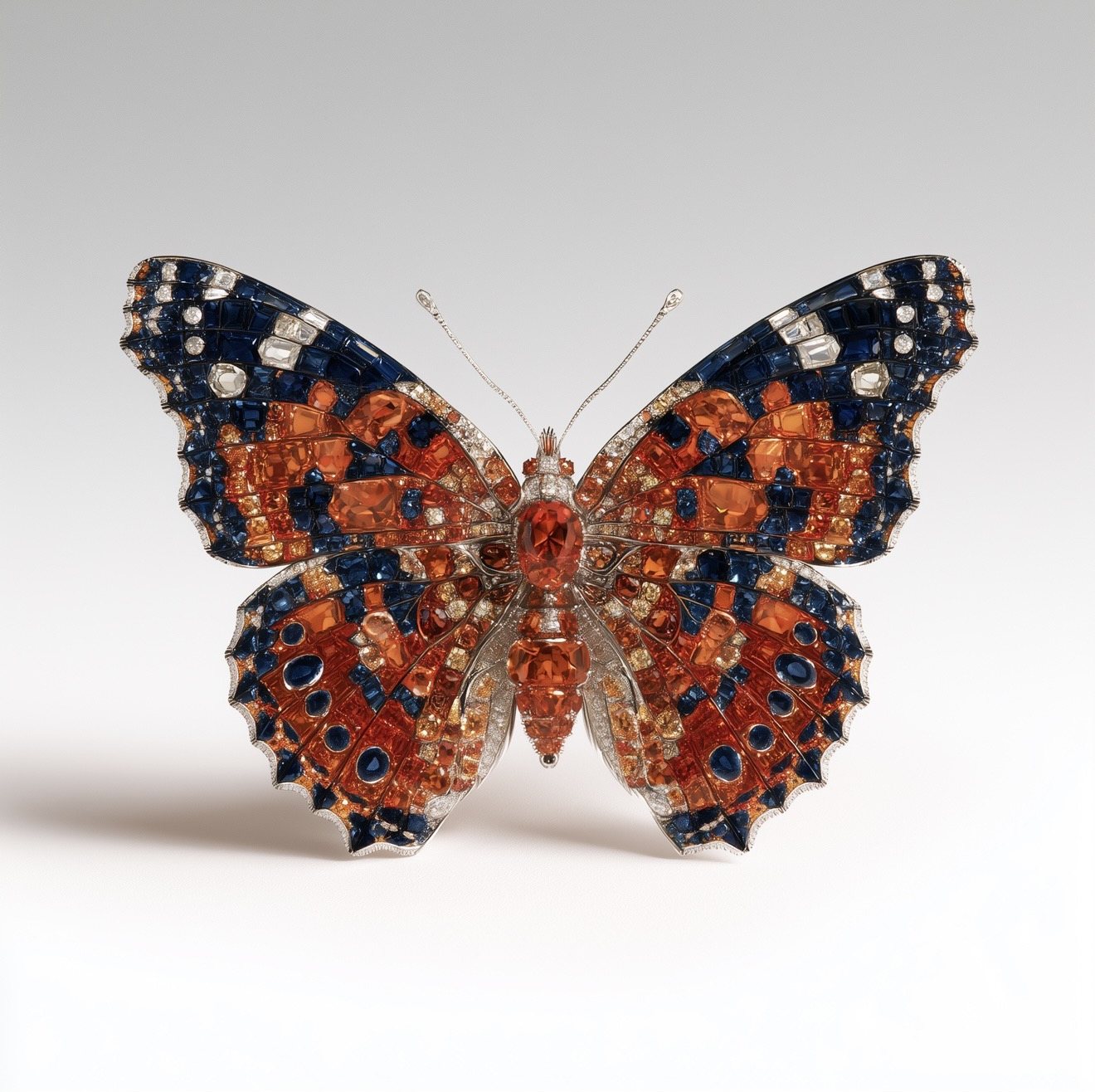 Butterfly brooch in orange and black stones