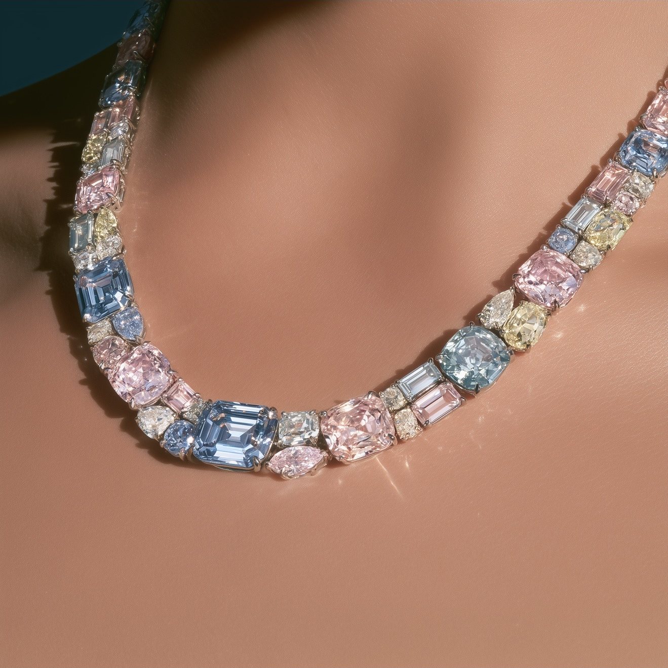 Multicoloured stone rivière necklace worn at the collarbone