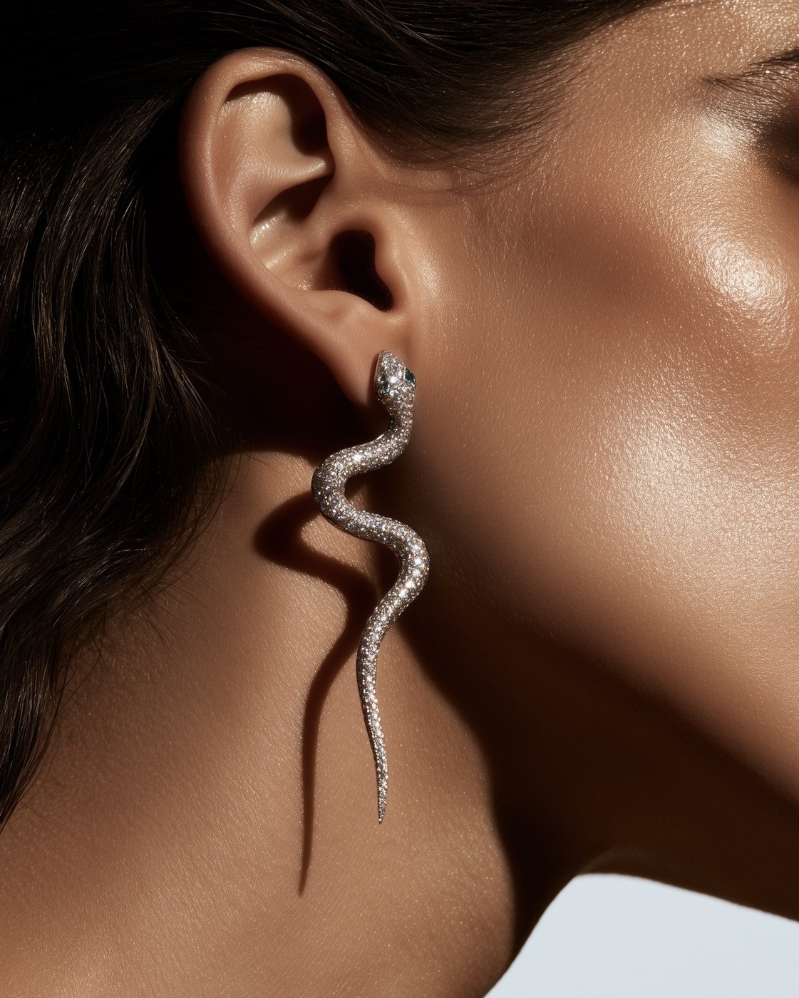 Pavé serpent earring worn on the ear