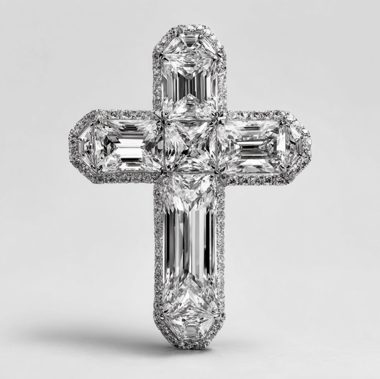 Baguette and emerald cut diamond cross