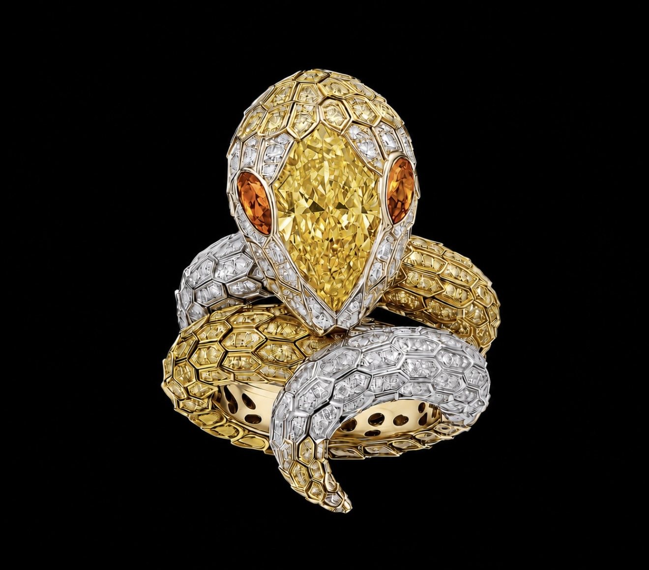 Yellow and white pavé coiled snake ring