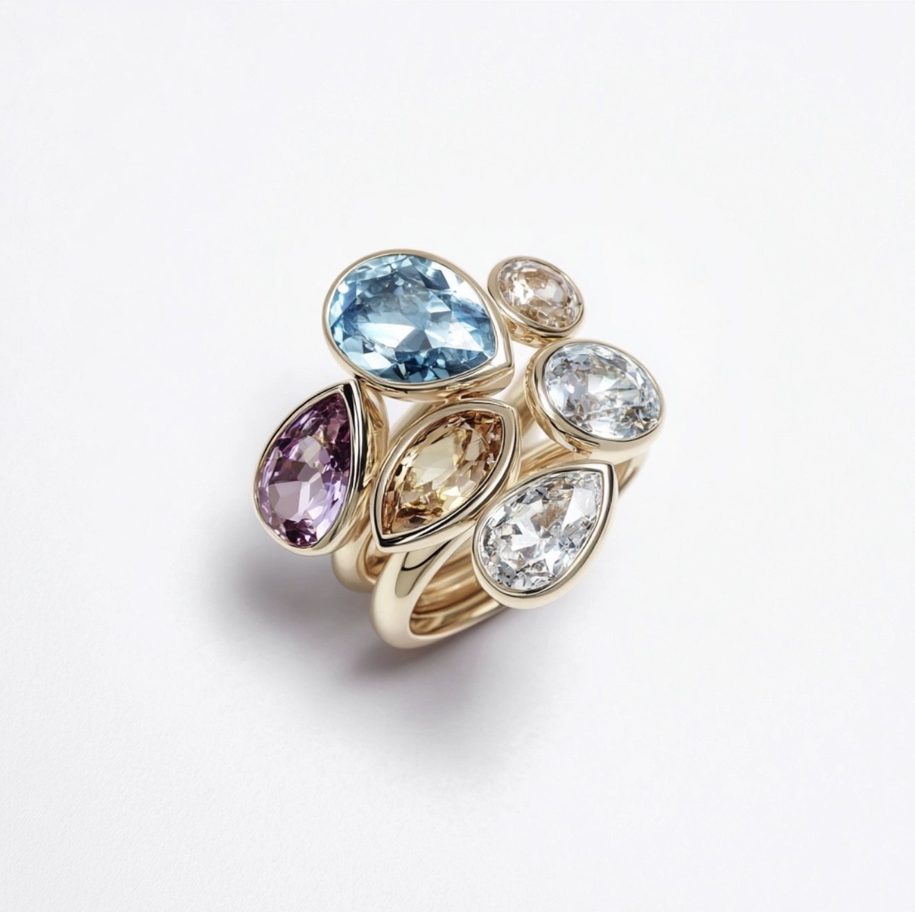 Cluster ring of mixed coloured stones in yellow gold